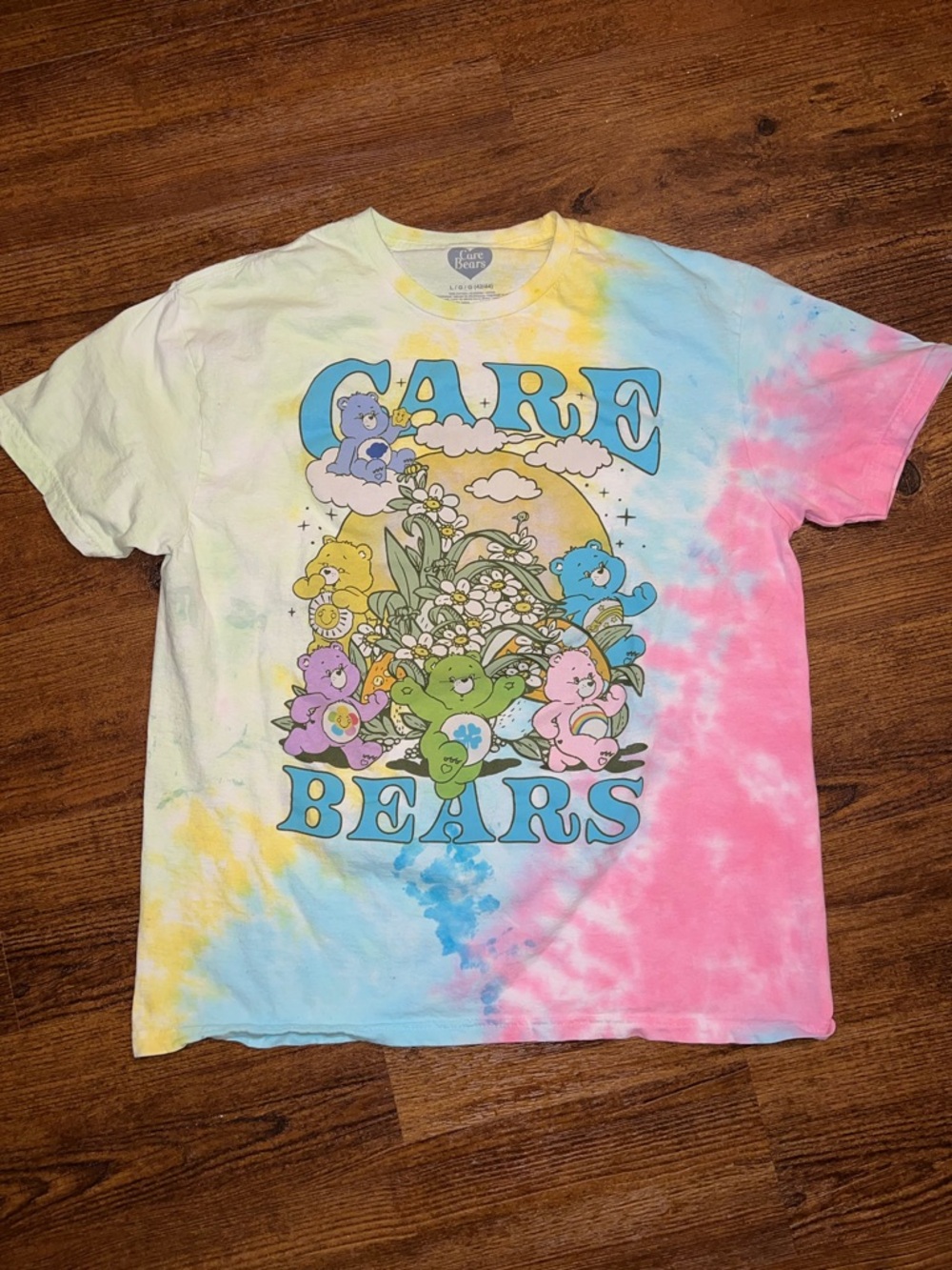 Care Bears Nostalgia Tie-Dye Yellow Pink Blue Graphic Short Sleeve Shirt Size L